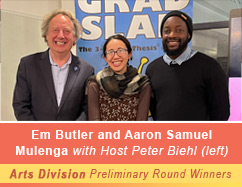 Photo of the preliminary round winners: Em Butler and Aaron Samuel Mulenga with Host Peter Biehl